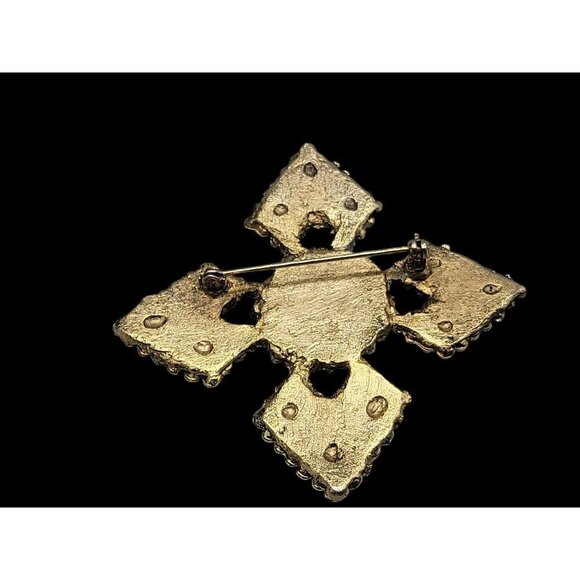 Four Point Dotted Cross Brooch Blue Fauceted Large Rhinestones Gold Tone - Picture 8 of 13